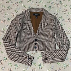 Forever 21 Houndstooth Cropped Blazer Button Front Jacket Orange Black Small